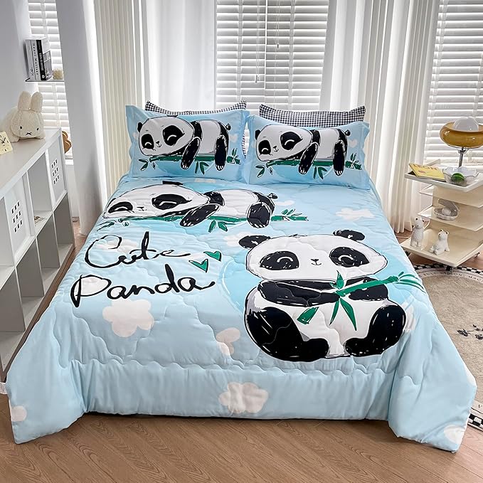 Wajade Kids Panda Comforter Set Bed in A Bag Twin Size 7 Piece Blue 3D Cute Panda Bamboo Clouds Bedding Set for Girls Boys (1 Comforter, 1 Flat Sheet, 1 Fitted Sheet, 2 Pillowcase and 2 Pillow Sham)