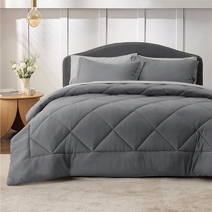 Bedsure Dark Grey Queen Comforter Set - 7 Pieces Reversible Queen Bed in a Bag, Queen Bed Set Dark Grey with Comforters, Sheets, Pillowcases & Shams