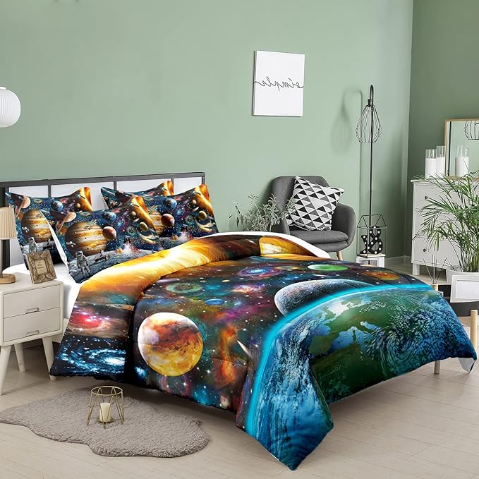 Tailor Shop Universe Galaxy Comforter Set for Girls Boys Kids Galaxy The Planet The Earth Astronaut Stars Outer Space Bedding Set King Size with 1 Comforter 2 Pillowcases