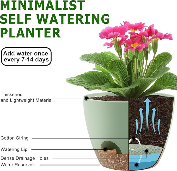 Plant Pots 10/9/8/7.5/7 Inch Self Watering Pots, Set of 5 Plastic Planters with Drainage Holes and Saucers,Plastic Flower Pots,Nursery Planting Pot for Indoor Out Door Plants（Green）