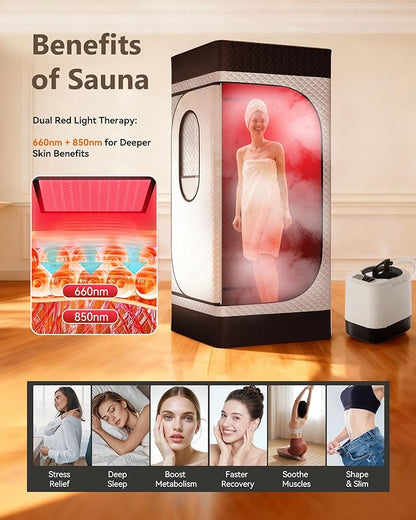 Portable Infrared Sauna Box for Home with 3L 1200W Steamer, Big Folding Chair, 99 Mins Timer, 9 Levels, Noerishia Steam Sauna Tent with 660nm + 850nm Red Light Therapy, for Home Spa Detoxification