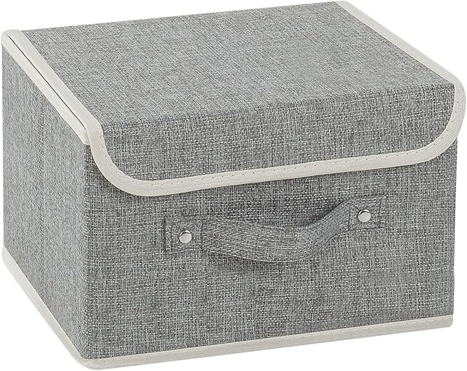 Storage Boxes, Collapsible Storage Bins with Lids, Cotton and linen cloth Storage Baskets with Handle, for Books, Closet, Bedroom, Home, 10.2x7.9x6.7 in, Grey