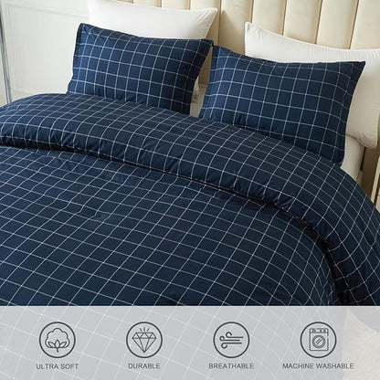 Andency Navy Grid Comforter Set Twin Size (66x90 Inch), 2 Pieces(1 Grid Comforter and 1 Pillowcase), Summer Lightweight Microfiber Down Alternative Navy Comforter with White Lines for Kids Girls