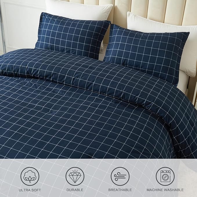 Andency Navy Grid Comforter Set Queen Size (90x90 Inch), 3 Pieces(1 Grid Comforter and 2 Pillowcases), Summer Lightweight Microfiber Down Alternative Navy Comforter with White Lines