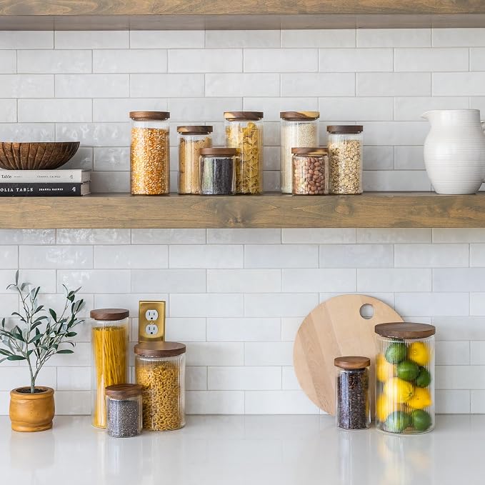 Ribbed Glass Jar with Wooden Lid 16.9oz / 27oz | Airtight Fluted Storage Container for Food, Pasta, Coffee, Candy, Dog Treats, Snacks | Canisters for Home & Kitchen (44 fl.oz / 1300ml -3X)