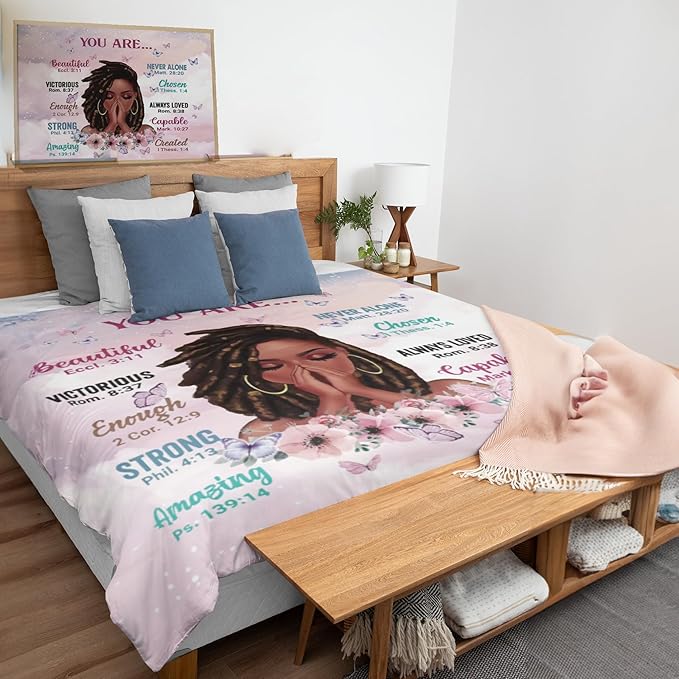 Twin Size Comforter Set with Powerful Quotes from Girls,3 Pieces Featuring African-American Girl - Ideal Gift Bedding for Teens and Women Pink White