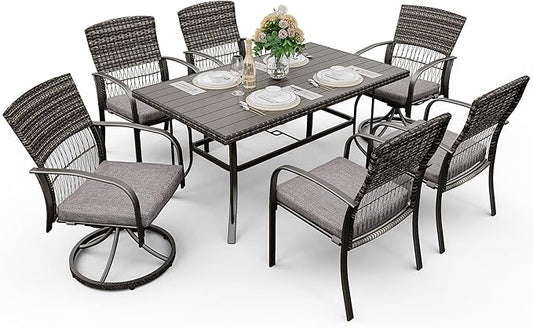 Pamapic 7 Piece Outdoor Dining Set, Rattan Outdoor Patio Furniture Set for Backyard with Iron Outdoor Dining Table, 4 Swivel Deck Chairs, 2 Wicker Chairs and Removable Cushions (Gray)