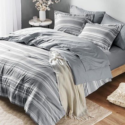 King Size Bed in a Bag, Full Bedding Sets, Modern Farmhouse Grey and White Striped Comforter with Sheets, 7-Piece Complete Bedroom Set