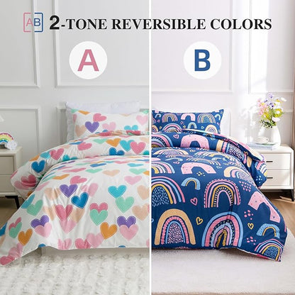 Btargot Lightweight Soft 3 Piece Rainbow Comforter Set with 2 Pillow Covers, Cartoon Love Hearts Suns and Stars Bedding Set for Girls Boys Kids, Queen Dark Blue