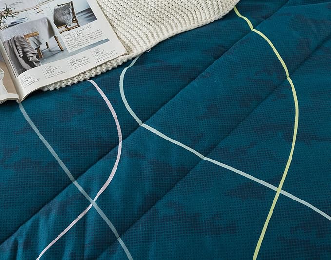 Blue Green Comforter Set Twin Size, 2 Pieces Modern Lines Pattern with Love, Soft Microfiber Bedding Comforter Set, Down Alternative Comforters for All Season (68 * 90’’)