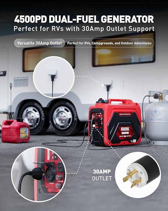 ERAYAK 4500W Dual-Fuel Portable Inverter Generator for Home Use, Camping Outdoor, 30A RV Ready, Auto Switch, Gas and Propane Powered, EPA, CO Sensor, Parallel Ready, Campact Design