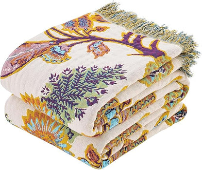 Boho Throw Blanket for Bed, 100% Cotton Soft Rustic Quilt Fall Blanket, 50"x60" Floral Printed Farmhouse Decor Bed Blankets, All Season Rustic Reversible Bohemian Throw Quilt