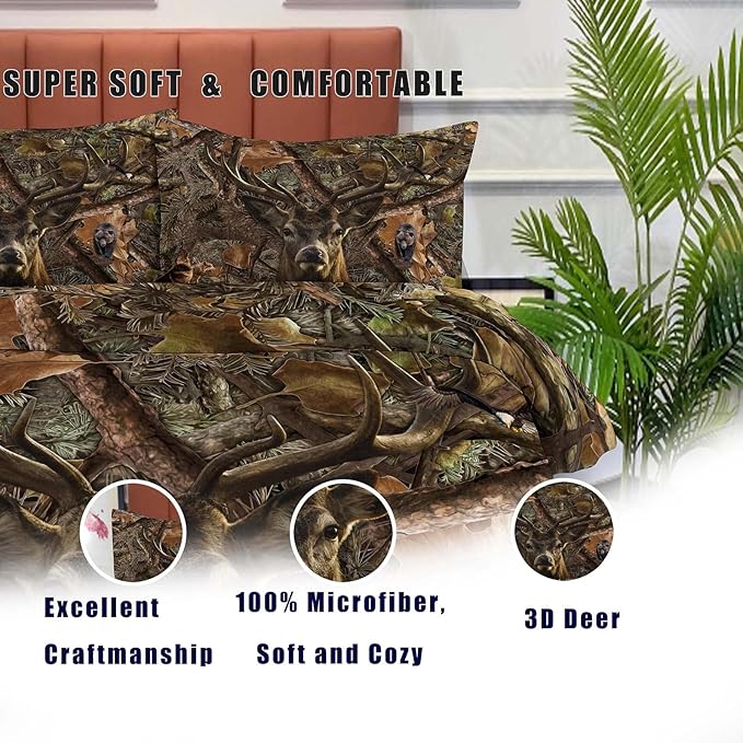 NINENINE Deer Bedding Sets Camo Comforter Set,Boys Queen Bedding,Western Comforter Sets for Boys,Queen Size Bedding Set for Boys,Hunting Bed Sets with 1 Comforter 2 Pillowcases