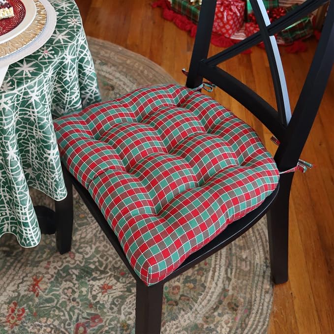 Barnett Home Decor Dining Chair Pad with Ties - Twin Check Red & Green - Size Medium 16.5 x 18 - Latex Foam Fill Dining Chair Cushion - Machine Washable, Reversible, Checkered Christmas Colors Medium