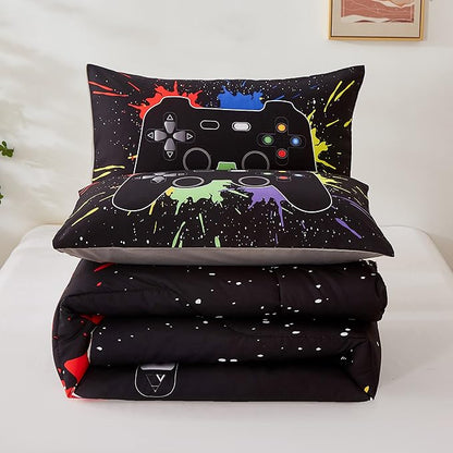 Gamer Comforter Sets Queen Size for Boys Teen,Game Controller Colorful Comforter with 2 Pillowcases, 3 Piece Video Gaming Bedding Set for Game Lovers,All Season(Black,Queen)