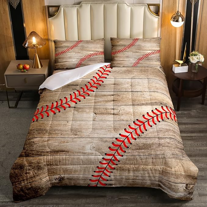 Erosebridal Baseball Bedding Set for Kids Boys Teens Twin,Sports Games Comforter Set Retro Rustic Wooden Board Quilt Duvet Sets American Baseball Country Down Comforter with 1 Pillow Case