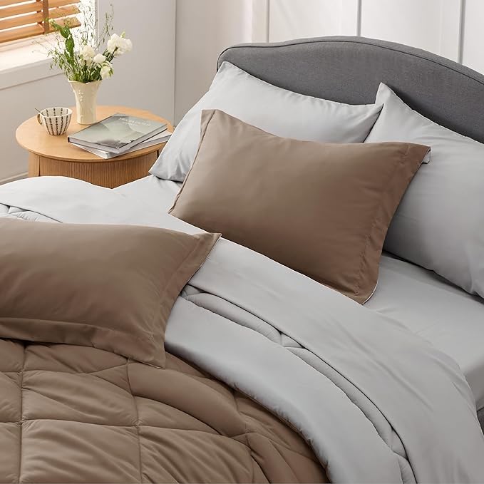 Bedsure Brown Queen Comforter Set - 7 Pieces Reversible Queen Bed in a Bag, Queen Bed Set Brown and Grey with Comforters, Sheets, Pillowcases & Shams