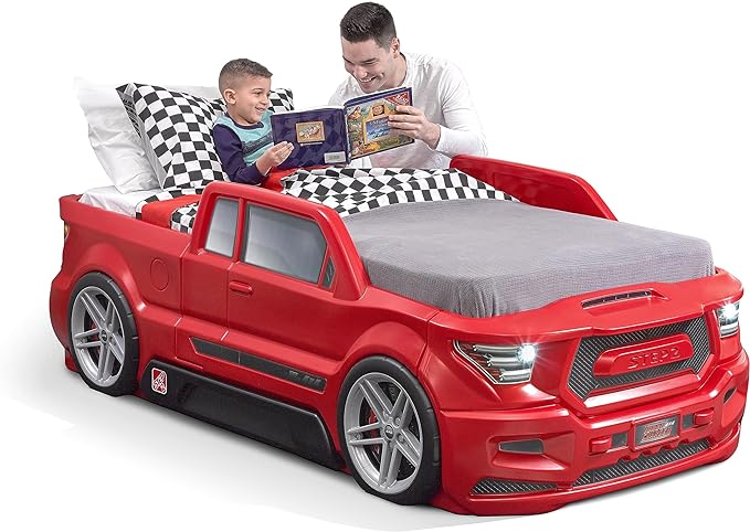 Step2 Turbocharged Twin Size Truck Car Bed, Car Bed for Boys and Girls, Working Headlights & Built-In Storage, Toddlers Ages 3+ Years Old, Adult Assembly Required, Vibrant Red