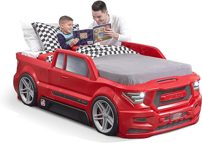 Step2 Turbocharged Twin Size Truck Car Bed, Car Bed for Boys and Girls, Working Headlights & Built-In Storage, Toddlers Ages 3+ Years Old, Adult Assembly Required, Vibrant Red