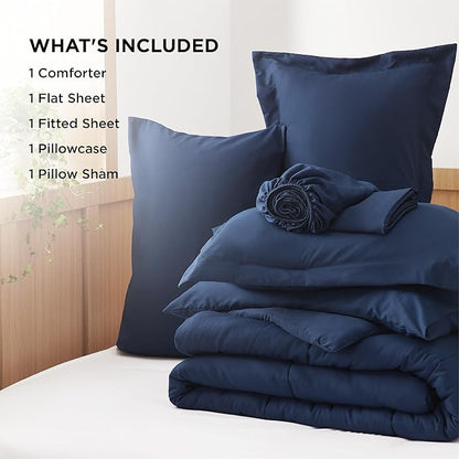 Bedsure Navy Twin Comforter Set - 5 Pieces Solid Twin Bed in a Bag, Twin Bed Set Navy with Quilted Warm Fluffy Comforters, Sheets, Pillowcase & Sham