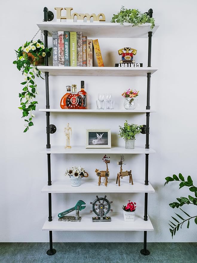 6 Tier Industrial Ladder Shelf Bookcase, Wall Mounted Rustic Bookshelf for Living Room Decor and Storage (White, 6 Tier - 10" D x 36" W x 82.5" H)