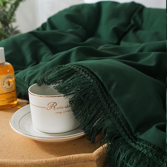 Andency Dark Emerald Green Twin/Twin XL Comforter Set, 2 Pieces Boho Lightweight Forest Tassel Bedding Sets, All Season Soft Bed Set (66x90In Comforter & 1 Pillowcase)