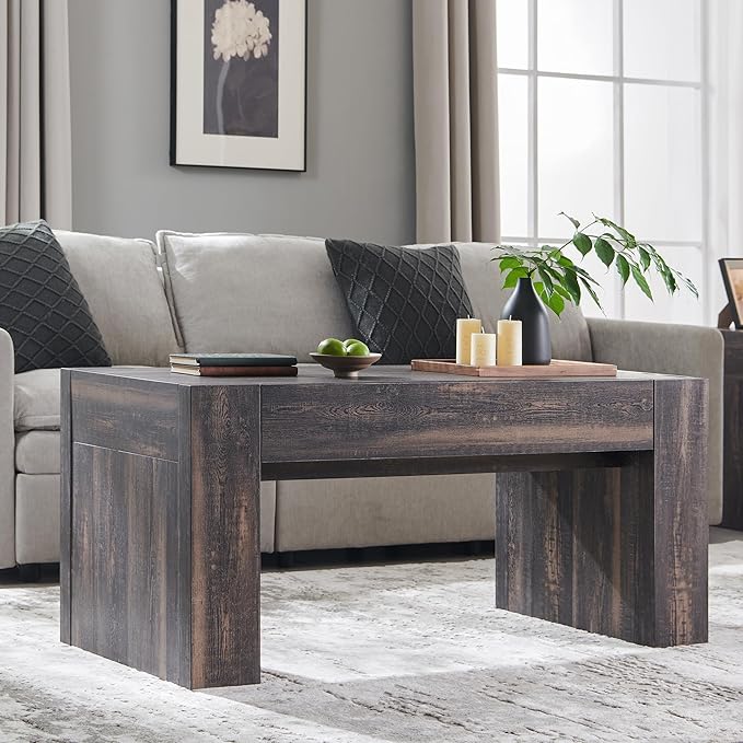 OKD 48" Modern Farmhouse Coffee Table, Wooden Living Room Table with Hidden Storage Drawer, Rustic Rectangular Center Tables w/Wood Thick Design for Living Room, Office, Dark Rustic Oak