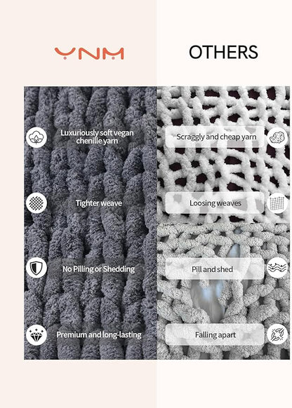 YnM Chunky Throw Blanket, Medium-Weight, Hand Knitted with Chenille Yarn, Skin Friendly, Ventilated and Breathable, Machine Washable, Home Décor Piece for Couch, Sofa and Bed (Lava Grey, 50x60 Inch)