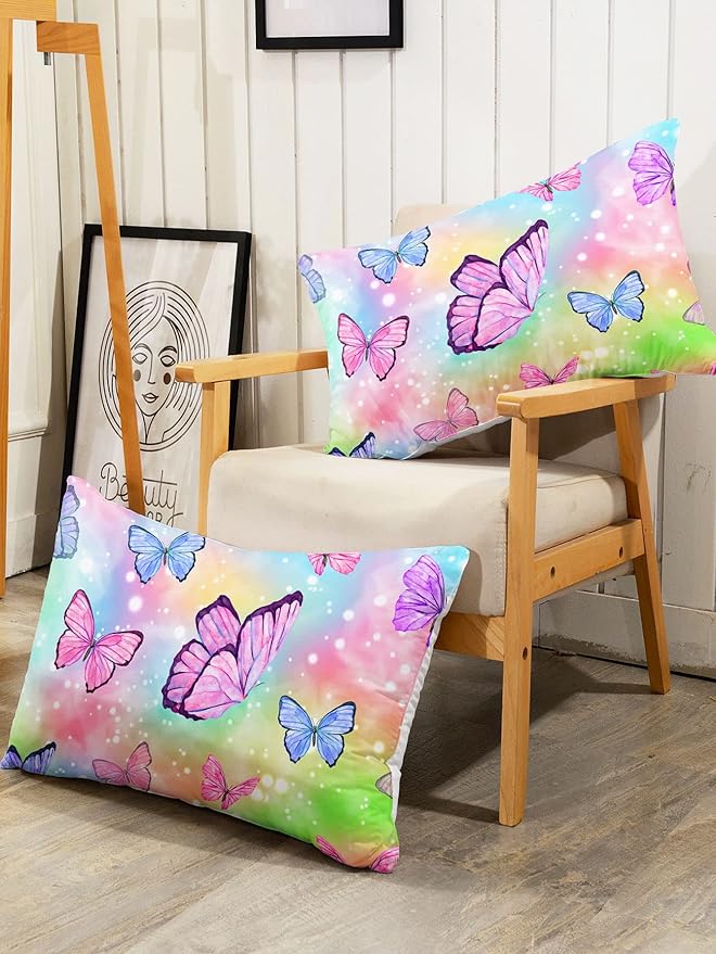 Datura home Bedding Comforter Set Rainbow Watercolor Butterfly Printed Pattern Quilt with 1 and 2 Pillowcases for Girls Bedroom All Season(Butterfly Queen) Queen 90x90inches