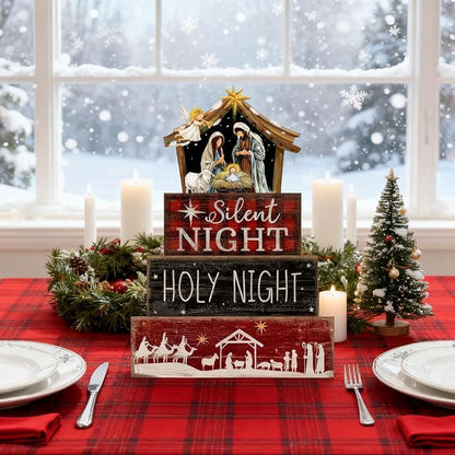 Moucuny 4 Pcs Christmas Table Decor Wooden Christian Religious Decoration Nativity Scene Centerpiece Holy Night Tiered Tray Decor Red and Black Buffalo Plaid Block Signs Xmas Decoration for Kitchen