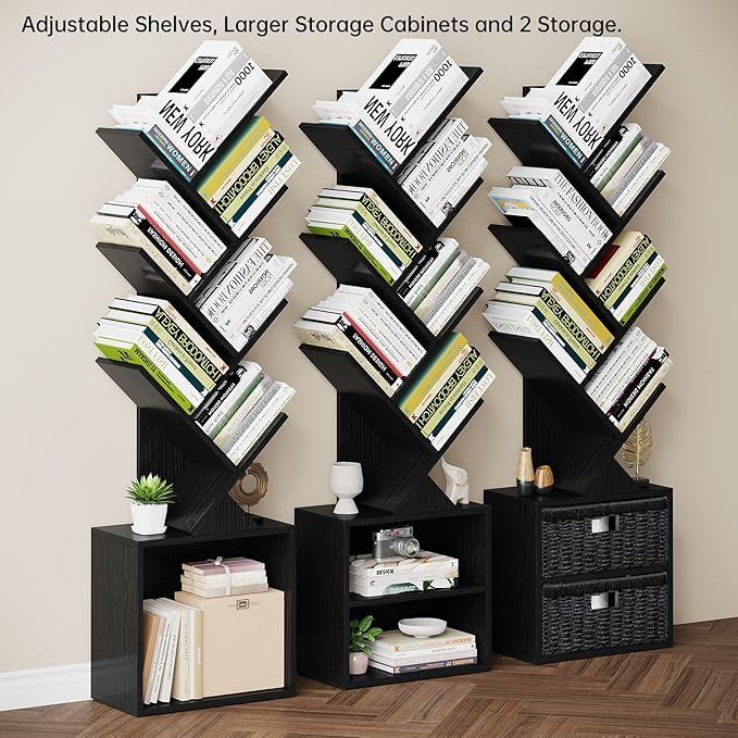 Vagusicc 6 Tier Tree Bookshelf, Modern Floor Standing Bookcase with Storage Drawer, Space Saving Storage Organizer Book Shelves for Books, Tall Wood Storage Rack for Bedroom/Living Room/Home Office