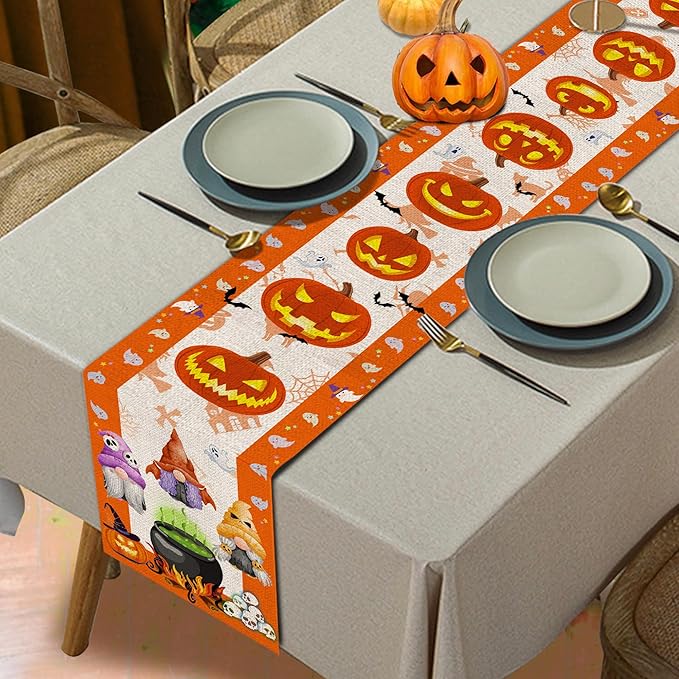 Halloween Table Runner, Halloween Table Runner 90 Inches Long, Halloween Pumpkins Gnomes Runners for Table, Black Cat Spider Web Holiday Decor Burlap Runner Rug for Home Decorations Dining Room