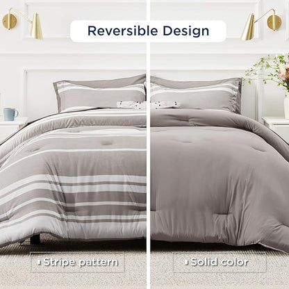 Bedsure Bed in a Bag King 7 Pieces, Warm Taupe White Striped Bedding Comforter Sets All Season Bed Set, 2 Pillow Shams, Flat Sheet, Fitted Sheet and 2 Pillowcases