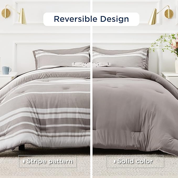 Bedsure Full Size Bedding Sets 7 Pieces, Warm Taupe White Striped Bedding Comforter Sets All Season Bed Set, 2 Pillow Shams, Flat Sheet, Fitted Sheet and 2 Pillowcases