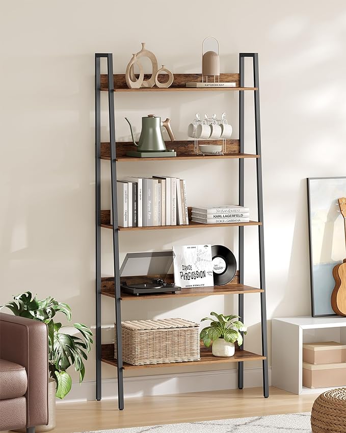 VASAGLE Bookshelf, 5-Tier Bookcase, Ladder Shelf for Home Office, Living Room, Bedroom, Kitchen, Rustic Brown and Ink Black ULLS129B01