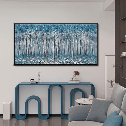 DUNHUANG ART Blue Tree Canvas Wall Art - Large Size Teal Abstract Painting for Home Office Living Room Bedroom Bathroom - Black Framed - Wall Decor Living Room 20"x40"