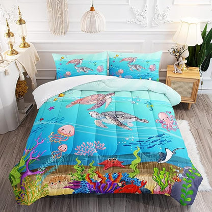 Turtle Comforter Set Queen Ocean Watercolor Sea Turtle Bedding Set Tropical Fish Marine Life Bed Set with 2 Pillowcases for Kids Room Decor