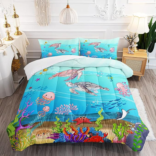 Turtle Comforter Set Twin Ocean Watercolor Sea Turtle Bedding Set Tropical Fish Marine Life Bed Set with 2 Pillowcases for Kids Room Decor
