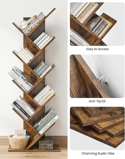 VASAGLE Tree Bookshelf, 9-Tier Bookcase, Large Bookshelf, Space-Saving Corner Shelf, Book Tree, Holds Books, CDs, Games, for Bedroom, Living Room, Home Office, Rustic Brown ULBC11BX