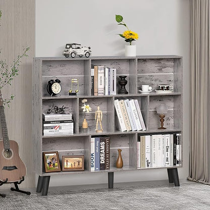 LEYAOYAO 10 Cube Bookshelf,3 Tier Modern Wide Bookcase with Legs,Mid-Century Wood Bookshelves Storage，Retro Grey Large Book Case,Freestanding Organizer Display Shelf for Bedroom,Living Room,Office