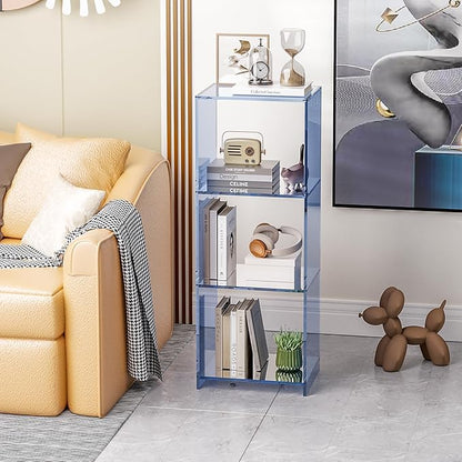 Acrylic Bookcase, 3 Tier Clear Floor Standing Bookshelf, 31.5 inch Tall Display Cube Storage Shelf Home Decor Furniture for Home, Office, Living Room, Bedroom - Transparent Blue