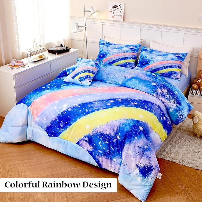 6Pcs Rainbow Bluey Girls Comforter Set Twin Gradient Glitter Bedding Sets Tie Dye Blue Girl Bed Set Soft Galaxy Kids Bed in A Bag with Sheets for All Season