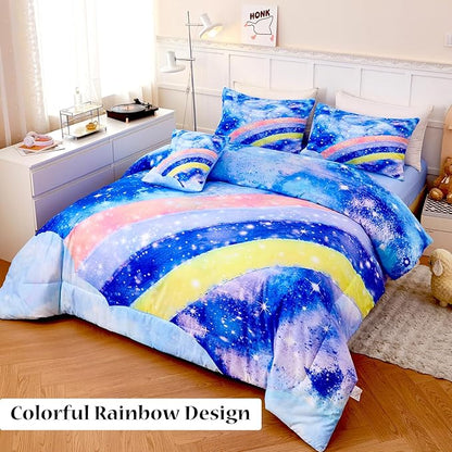 6Pcs Rainbow Girls Comforter Sets Full Size Blue Tie Dye Bed in A Bag for Kids/Teens Sparkle Galaxy Bedding Comforter Set Soft Lightweight Girls Bedding Sets for All Season