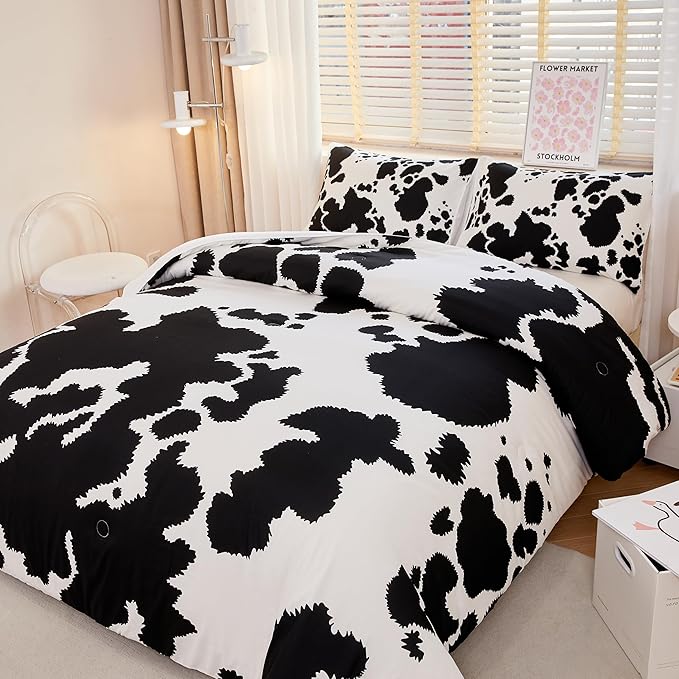 Cow Print Bedding Set Queen,Queen Size Cow Print Comforter Sets,Boys Bedding Set Queen,Black and White Color Comforter,Cow Room Decor