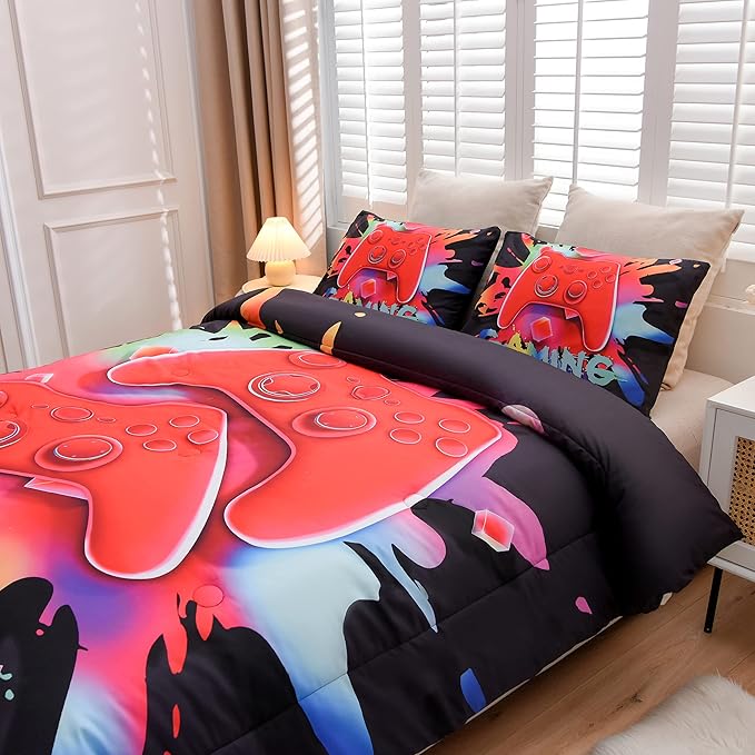 Aimuan Gaming Comforter Sets for Boys Kids Bedding Sets Video Games Console Action Buttons Novelty Colorful Game Gamepad Controller Modern Gamer Room Decor Home Quilt Set (Full, Black)