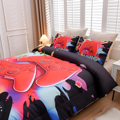 Aimuan Gaming Comforter Sets for Boys Kids Bedding Sets Video Games Console Action Buttons Novelty Colorful Game Gamepad Controller Modern Gamer Room Decor Home Quilt Set (Queen, Black)