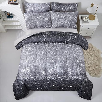 Grey Glitter Comforter Set Full/Queen Size for Boys Teen, Sparkle Galaxy Twinkle Starlight Comforter for Kids Adult, 3 Piece Black Grey Ombre Bedding Set with 2 Pillow Cases(Grey,Queen)