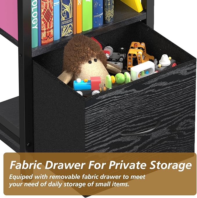 Narrow-Bookshelf-With-Storage-Drawer, 5-Tier Small Standing Book Shelf Organizer For Small Space, Tall Thin Bookcase Shelf For Bedroom Living Room Office, Wooden Shelving Unit Rack For Display