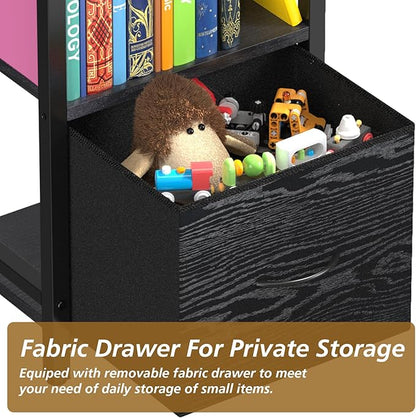 Narrow-Bookshelf-With-Storage-Drawer, 5-Tier Small Standing Book Shelf Organizer For Small Space, Tall Thin Bookcase Shelf For Bedroom Living Room Office, Wooden Shelving Unit Rack For Display