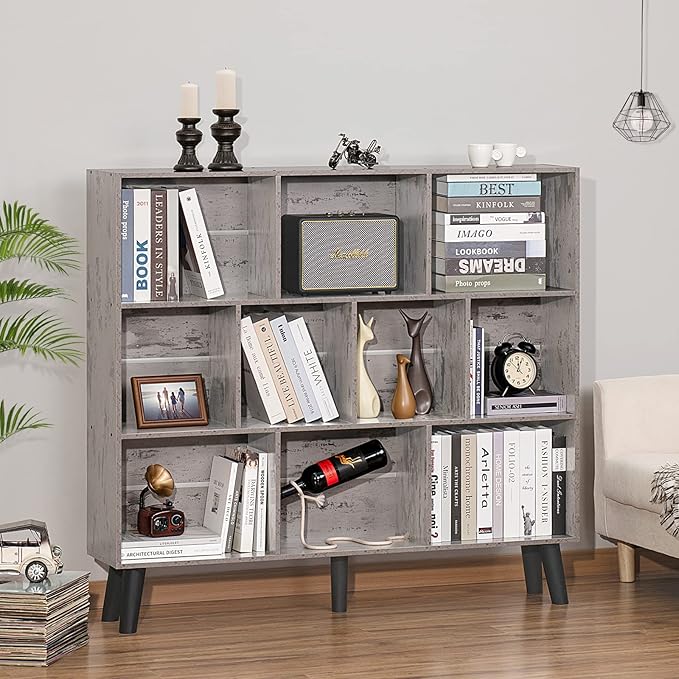LEYAOYAO 10 Cube Bookshelf,3 Tier Modern Wide Bookcase with Legs,Mid-Century Wood Bookshelves Storage，Retro Grey Large Book Case,Freestanding Organizer Display Shelf for Bedroom,Living Room,Office